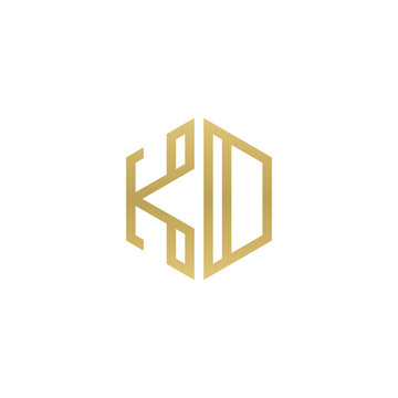 Initial letter KD, KO, minimalist line art hexagon shape logo, gold color