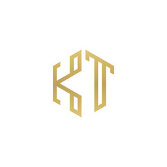 Initial letter KT, minimalist line art hexagon shape logo, gold color