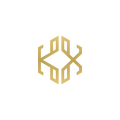 Initial letter KX, minimalist line art hexagon shape logo, gold color