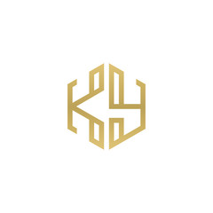 Initial letter KY, minimalist line art hexagon shape logo, gold color