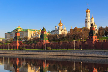 Moscow Kremlin against Moskva river embankment in sunny spring morning