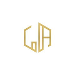Initial letter LA, minimalist line art hexagon shape logo, gold color