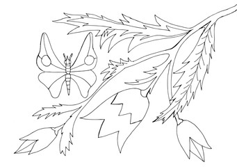 Outline drawing of a flowers and butterflies  for coloring