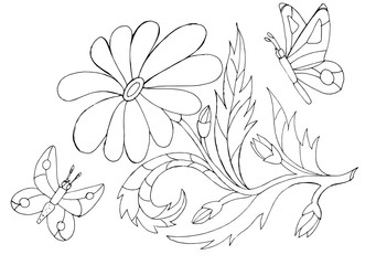 Outline drawing of a flowers and butterflies  for coloring