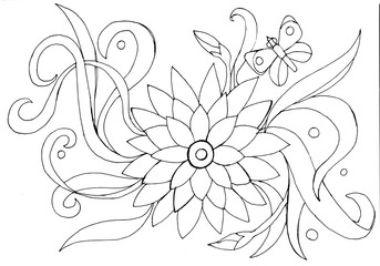 Outline drawing of a flower and butterfly for coloring
