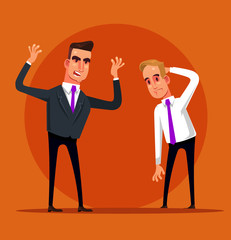 Angry screaming shouting boss scold office worker manager employee. Fail work dismissal. Vector flat graphic design cartoon isolated illustration