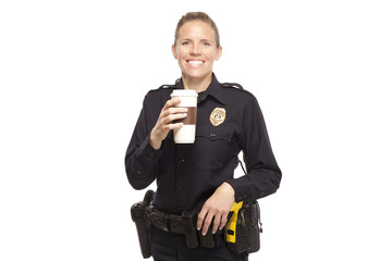 Female police officer with disposable cup
