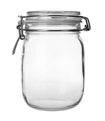 Empty glass jar on white background