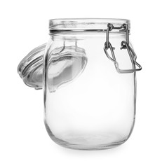 Empty glass jar on white background