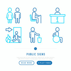 Fototapeta premium Public signs thin line icons set: information stand, fire or emergency exit, use trash can, seats for disabled, elderly people, WC. Vector illustration.