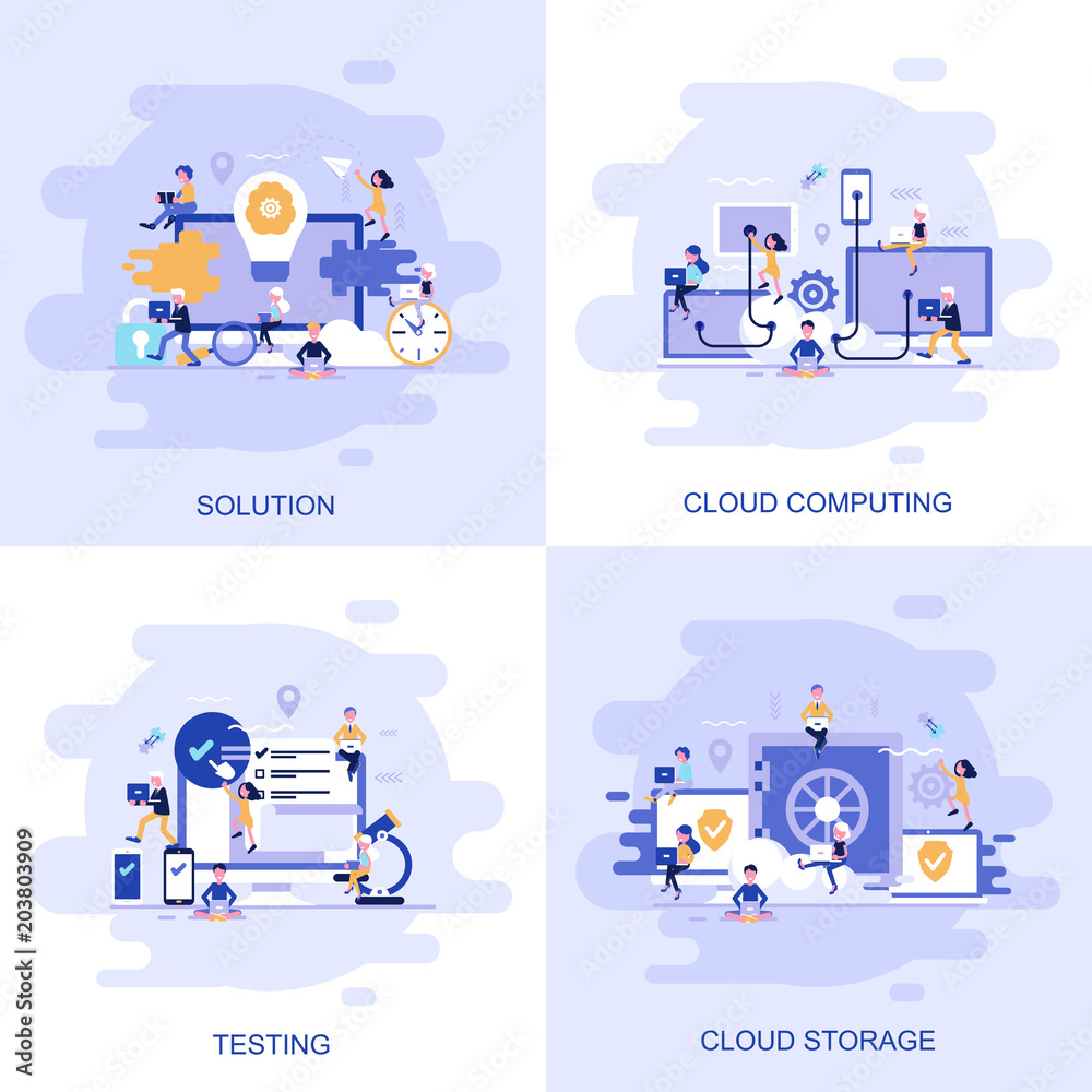 Poster Modern flat concept web banner of Testing, Solution, Cloud Computing and Cloud Storage with decorated small people character.