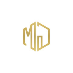 Initial letter MJ, minimalist line art hexagon shape logo, gold color