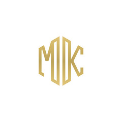 Initial letter MK, minimalist line art hexagon shape logo, gold color