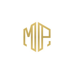 Initial letter MP, minimalist line art hexagon shape logo, gold color