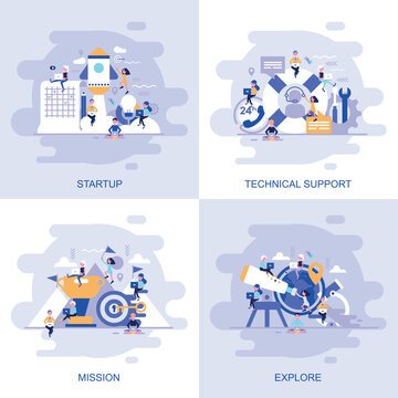 Modern flat concept web banner of Technical Support, Mission, Explore and Startup with decorated small people character.