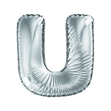 Silver letter U made of inflatable balloon isolated on white background.