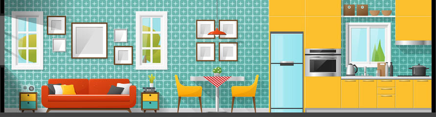 House interior section panorama background including living room , dining room and kitchen , vector , illustration