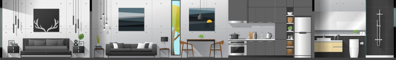 House interior section panorama including bedroom , living room , dining room , kitchen and bathroom , vector , illustration