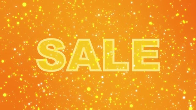 Animated sparkling orange yellow sale sign with colorful particles.