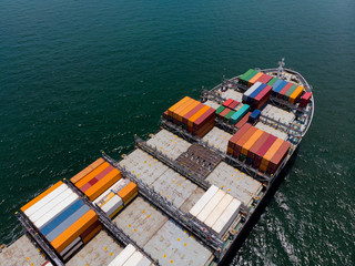 Cargo container ship carrying container import and export  goods running around container yard port...