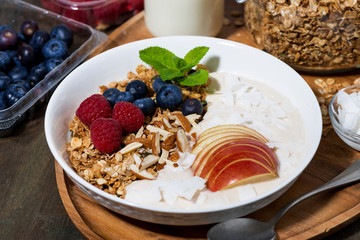 oat granola with apples and fresh berries on wooden background, closeup