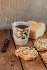 pate from fish on bread - fish appetizer (salad with bread) - Tasty food.  Food background