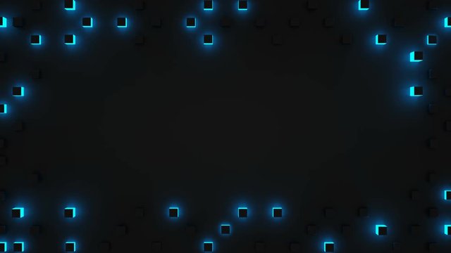 Frame of glowing blue cubes and free space. Abstract futuristic technology sci-fi motion background. 3D render seamless loop animation 4k UHD 3840x2160
