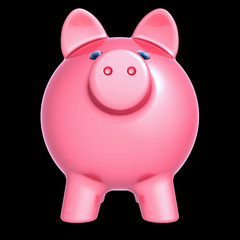Piggy bank pink closeup front view. Money savings donate banking business icon concept. 3d illustration, isolated on black background