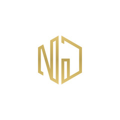 Initial letter NJ, minimalist line art hexagon shape logo, gold color