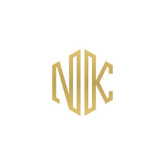Initial letter NK, minimalist line art hexagon shape logo, gold color