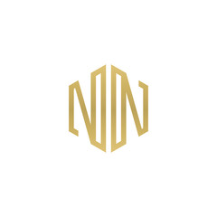 Initial letter NN, minimalist line art hexagon shape logo, gold color
