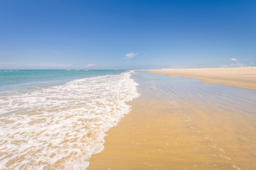 Farewell Spit, Golden Bay, New Zealand: Impressive sand dune landscape at the north west cape of south island with white sandy beaches and green grass and blue ocean sea near Abel Tasman National Park