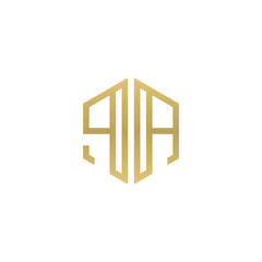 Initial letter PA, minimalist line art hexagon shape logo, gold color
