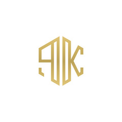 Initial letter PK, minimalist line art hexagon shape logo, gold color