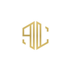 Initial letter PL, minimalist line art hexagon shape logo, gold color