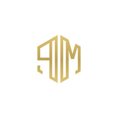 Initial letter PM, minimalist line art hexagon shape logo, gold color