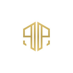Initial letter PP mirror, minimalist line art hexagon shape logo, gold color