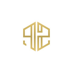 Initial letter PZ, minimalist line art hexagon shape logo, gold color