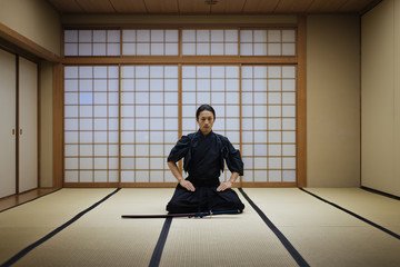 Samurai training in a traditional dojo in Tokyo
