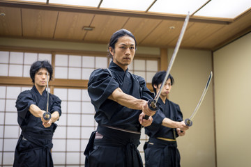 Samurai training in a traditional dojo in Tokyo