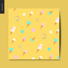 Simple things - a pattern of waffle cones with pyramid scoops of vanilla, mint and strawberry ice cream and sprinkles on the yellow background, summer postcard, vector illustration
