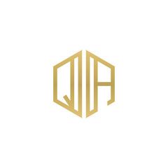 Initial letter QA, minimalist line art hexagon shape logo, gold color