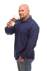 Man drinking coffee on white background.