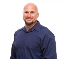 Handsome man with smile on white background.