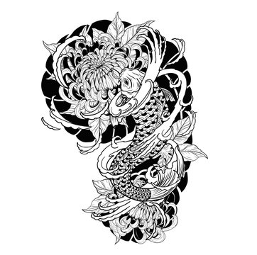 Naklejki Carp fish and chrysanthemum tattoo by hand drawing.Tattoo art highly detailed in line art style.
