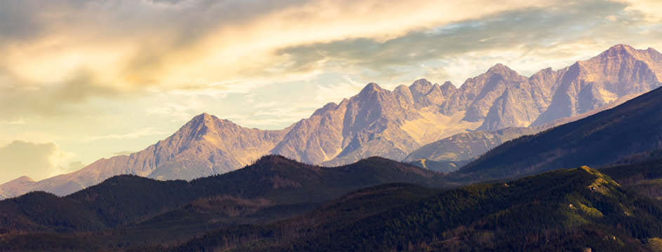 part of High Tatra mountain ridge at sunset. view from Poland side