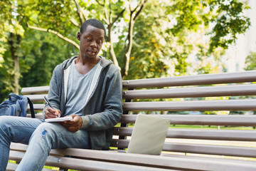 Fototapeta premium Focused student sitting in park using laptop
