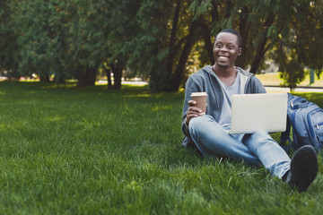 Smiling student sitting on grass using laptop