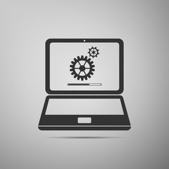 Laptop update process with gearbox progress and loading bar icon isolated on grey background. System software update. Loading process in laptop screen. Flat design. Vector Illustration
