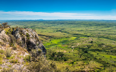 Fototapeta na wymiar Isalo National Park in the Ihorombe Region of Madagascar. Known for its wide variety of terrain, including sandstone formations, deep canyons, a palm-lined oases, and grassland, and rich wildlife